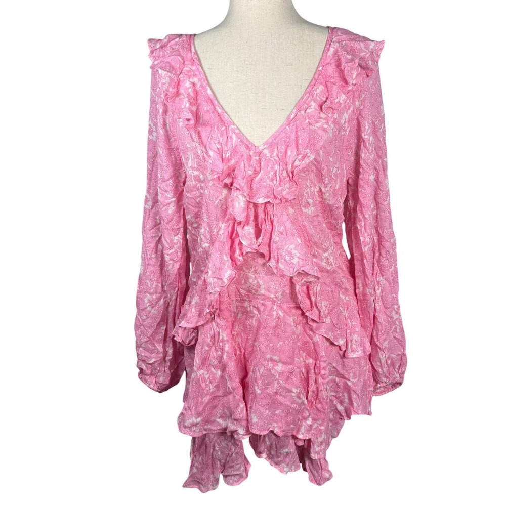 Free People Floral Mini Dress Womens Small Pink Viscose Boho Ruffle Romantic New - Picture 2 of 8